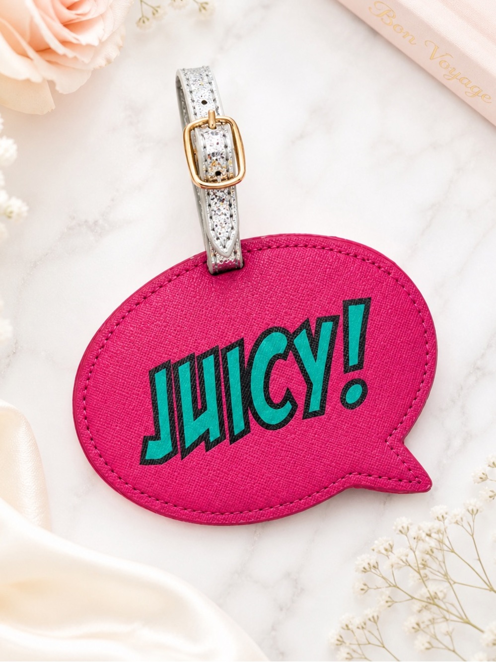 Juicy Couture Pink Juicy Luggage Tag Glitter Strap Travel Vacation Chic NWT